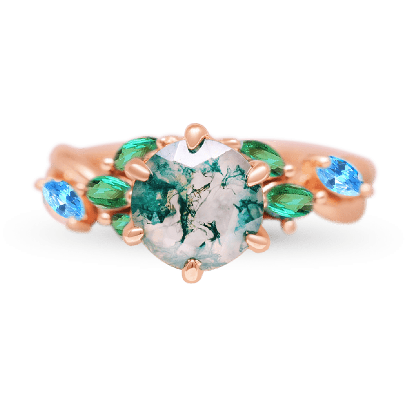 Anillo de Ágata Musgo Verde y Ópalo de Fuego