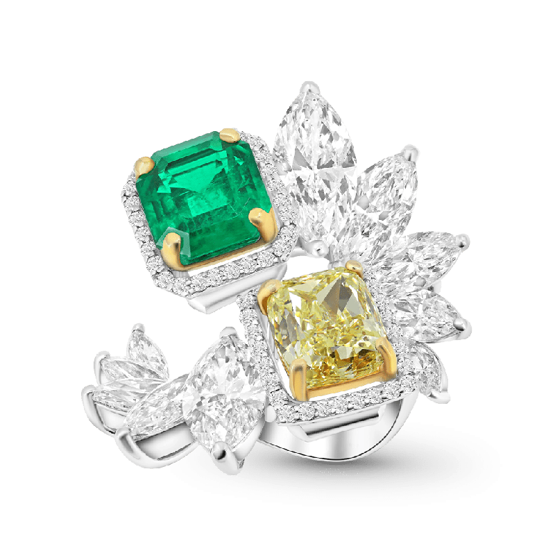 Anillo Racimo de Hojas Esmeralda y Amarillo