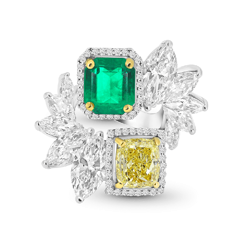 Anillo Racimo de Hojas Esmeralda y Amarillo
