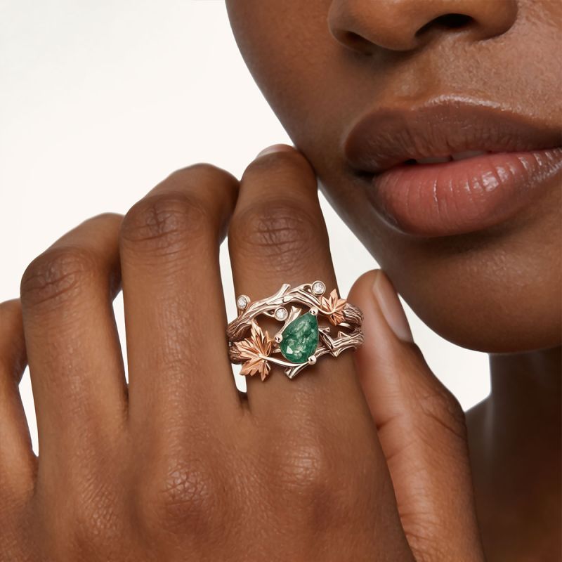 Juego de anillos de corte pera verde musgo