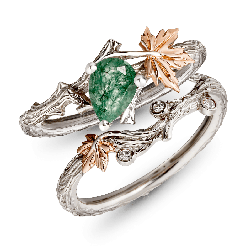 Juego de anillos de corte pera verde musgo